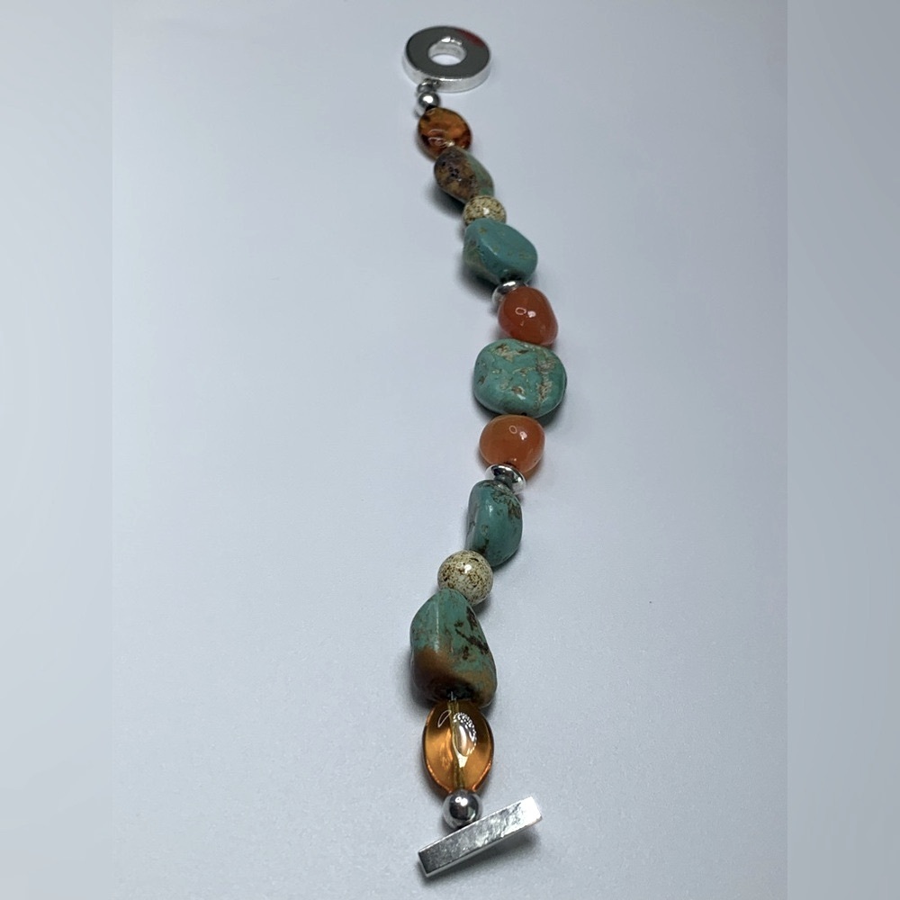Vintage RAGE Sterling Silver, Turquoise & Carnelian Toggle Clasp Beaded Bracelet - Picture 11 of 15